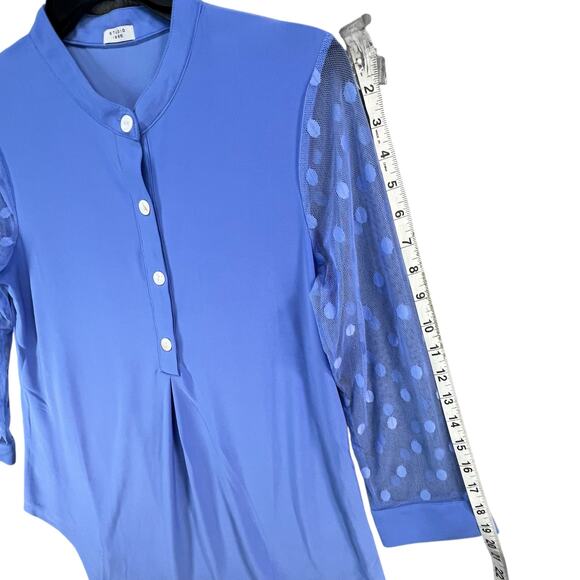 Studio 1886 Asymmetrical Top Womens S Blue Polka Dot Mesh Sleeves Button Modern - Picture 9 of 14